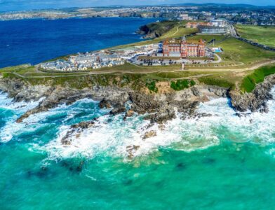 Birdseye view of The Headland Hotel, Cornwall. Next to the sea