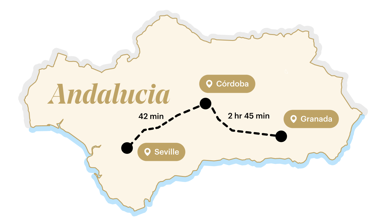 Map of Andalucia, with train travel time marked out